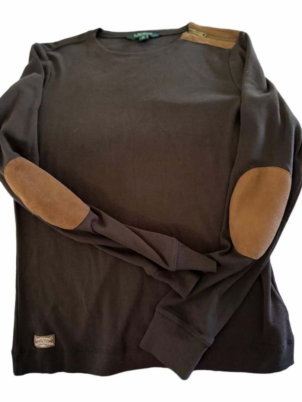 Lauren Ralph Lauren Long Sleeve Top Size M Brown Elbow Patch Suede Shoulder